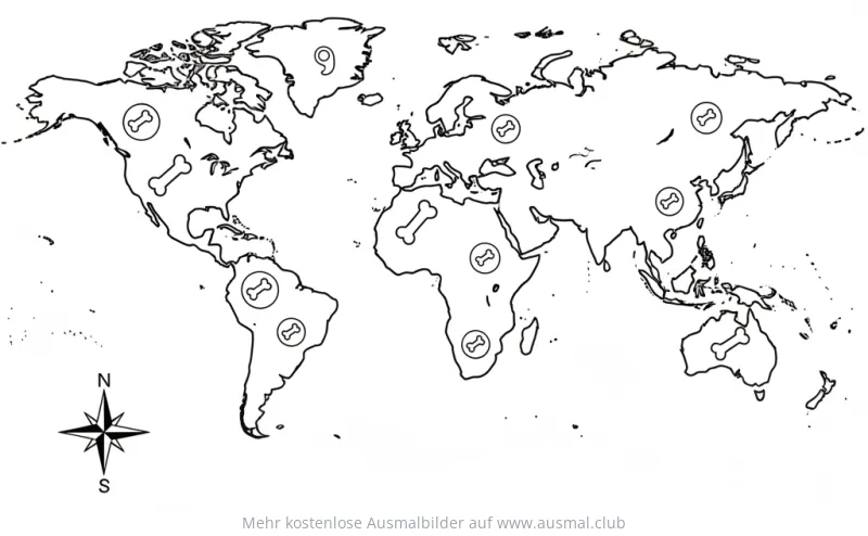 Weltkarte mit Fossilien-Fundstellen Ausmalbild