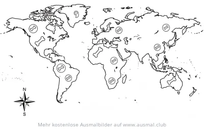 Weltkarte mit Fossilien-Fundstellen Ausmalbild