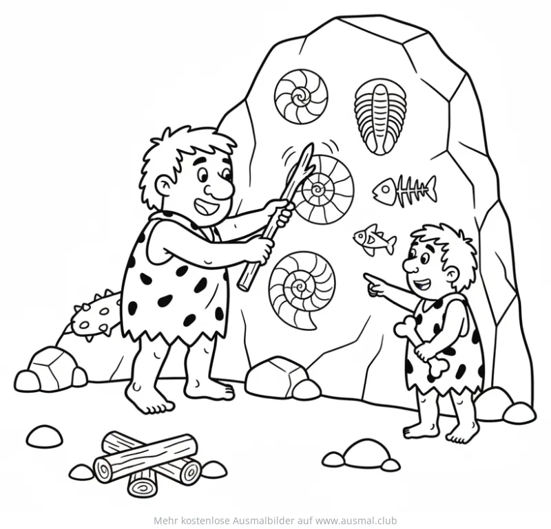 Höhlenmenschen mit Fossilien an Felswand Ausmalbild