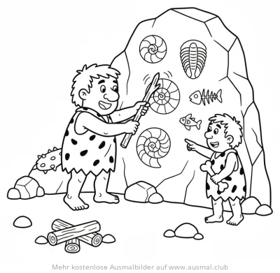 Höhlenmenschen mit Fossilien an Felswand Ausmalbild