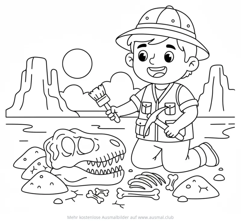 Paläontologe untersucht Dinosaurier Skelett Ausmalbild