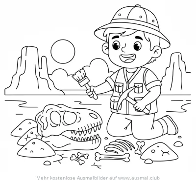 Paläontologe untersucht Dinosaurier Skelett Ausmalbild
