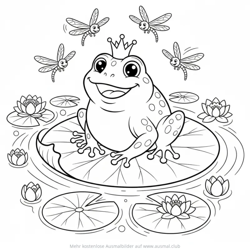 Froschkönig mit Krone auf Seerosenblatt umgeben von Libellen Ausmalbild