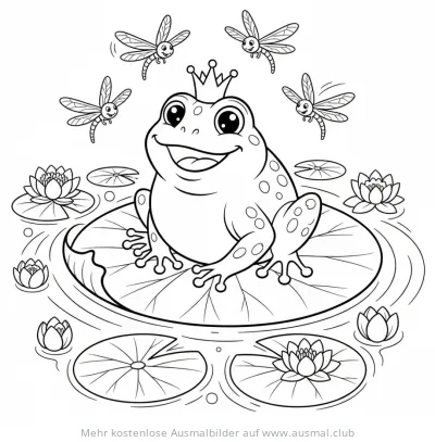 Froschkönig mit Krone auf Seerosenblatt umgeben von Libellen Ausmalbild