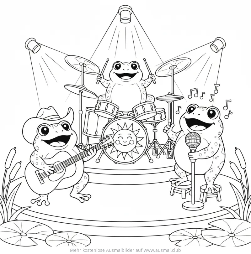 Frosch Musikband auf Bühne Ausmalbild