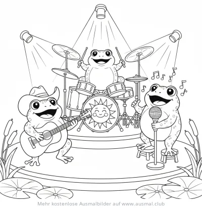 Frosch Musikband auf Bühne Ausmalbild