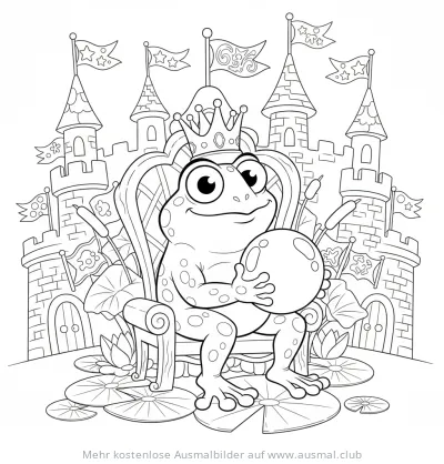 Froschkönig sitzt auf Thron mit Kugel und Schloss im Hintergrund Ausmalbild