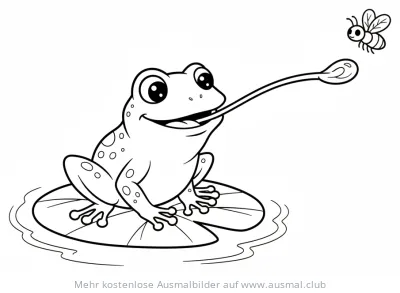 Frosch streckt Zunge nach Fliege Ausmalbild
