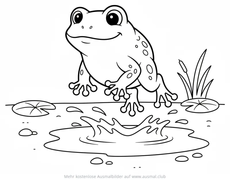 Frosch springt in Pfütze Ausmalbild