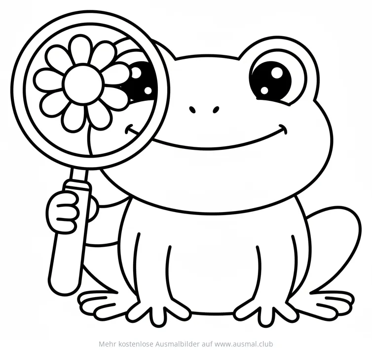 Frosch betrachtet Blume durch Lupe Ausmalbild