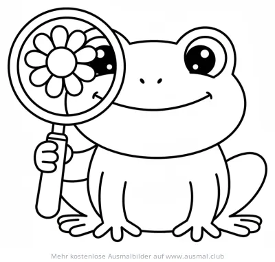 Frosch betrachtet Blume durch Lupe Ausmalbild