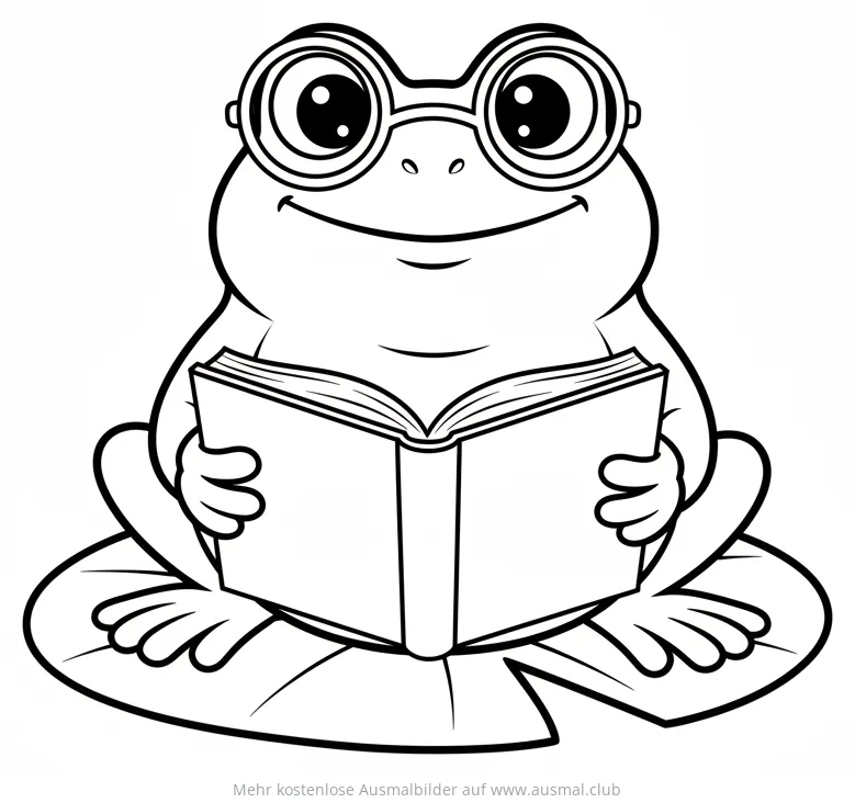 Frosch mit Brille liest Buch auf Seerosenblatt Ausmalbild