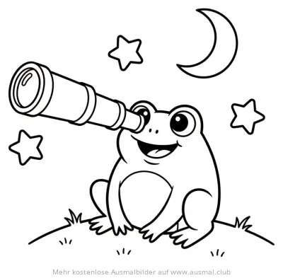 Frosch schaut mit Teleskop in den Sternenhimmel Ausmalbild