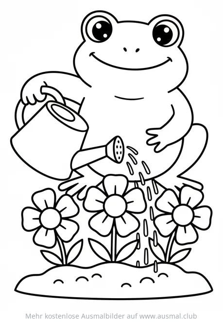 Frosch gießt Blumen mit Gießkanne Ausmalbild