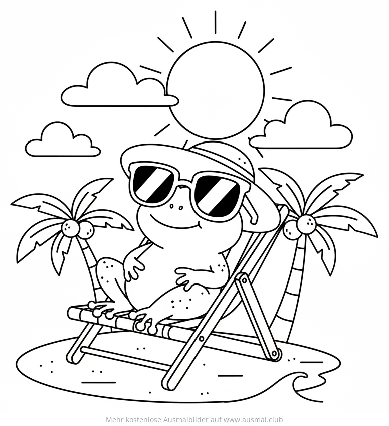 Frosch mit Sonnenbrille und Hut im Liegestuhl am Strand Ausmalbild
