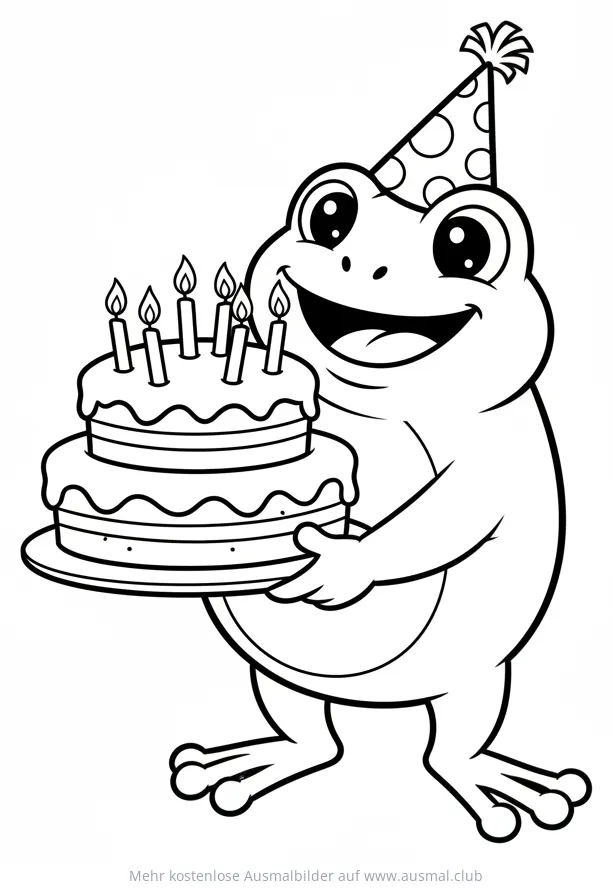 Frosch mit Geburtstagstorte und Partyhut Ausmalbild