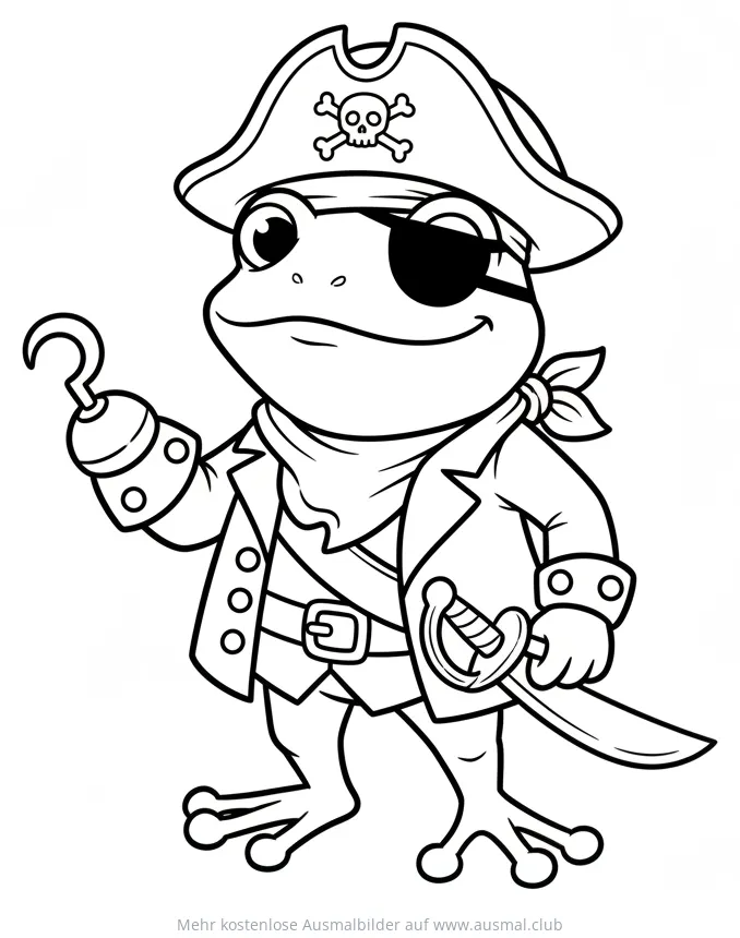 Frosch als Pirat mit Augenklappe, Hakenhand und Schwert Ausmalbild