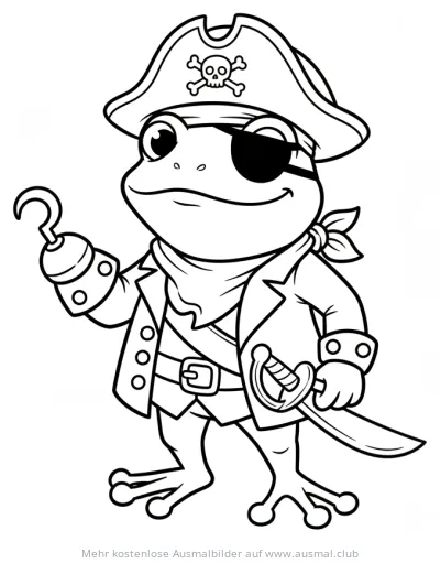 Frosch als Pirat mit Augenklappe, Hakenhand und Schwert Ausmalbild