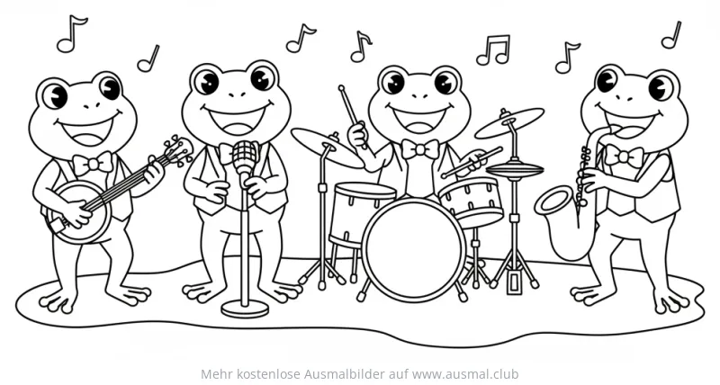Fröhliche Frosch Band mit Musikinstrumenten Ausmalbild