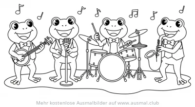Fröhliche Frosch Band mit Musikinstrumenten Ausmalbild