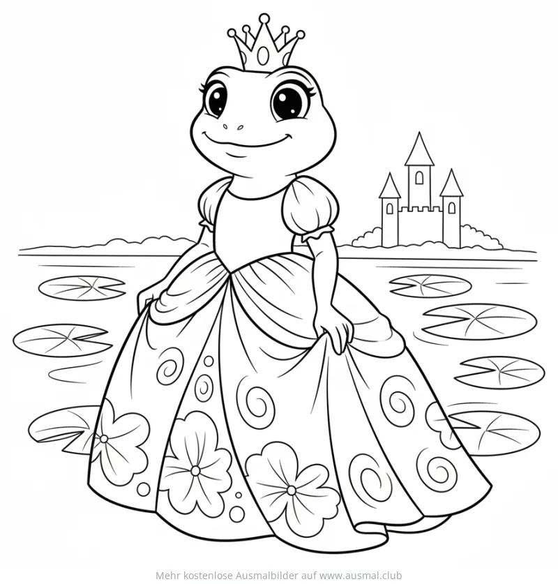 Frosch Prinzessin mit Krone und Kleid vor Schloss Ausmalbild