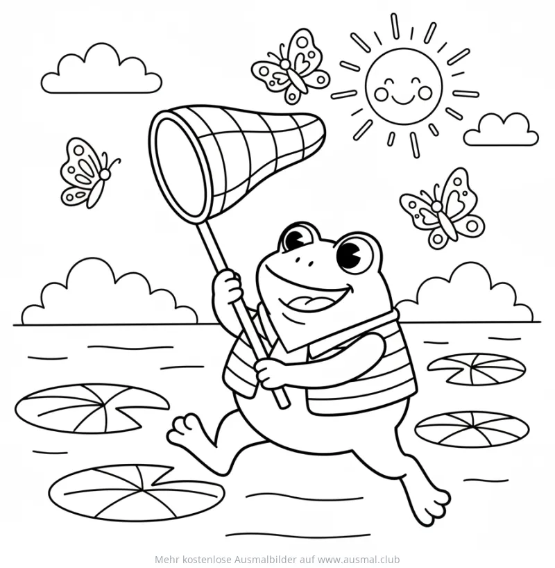 Frosch mit Kescher fängt Schmetterlinge Ausmalbild