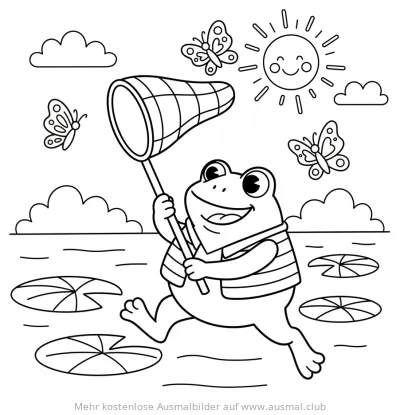 Frosch mit Kescher fängt Schmetterlinge Ausmalbild