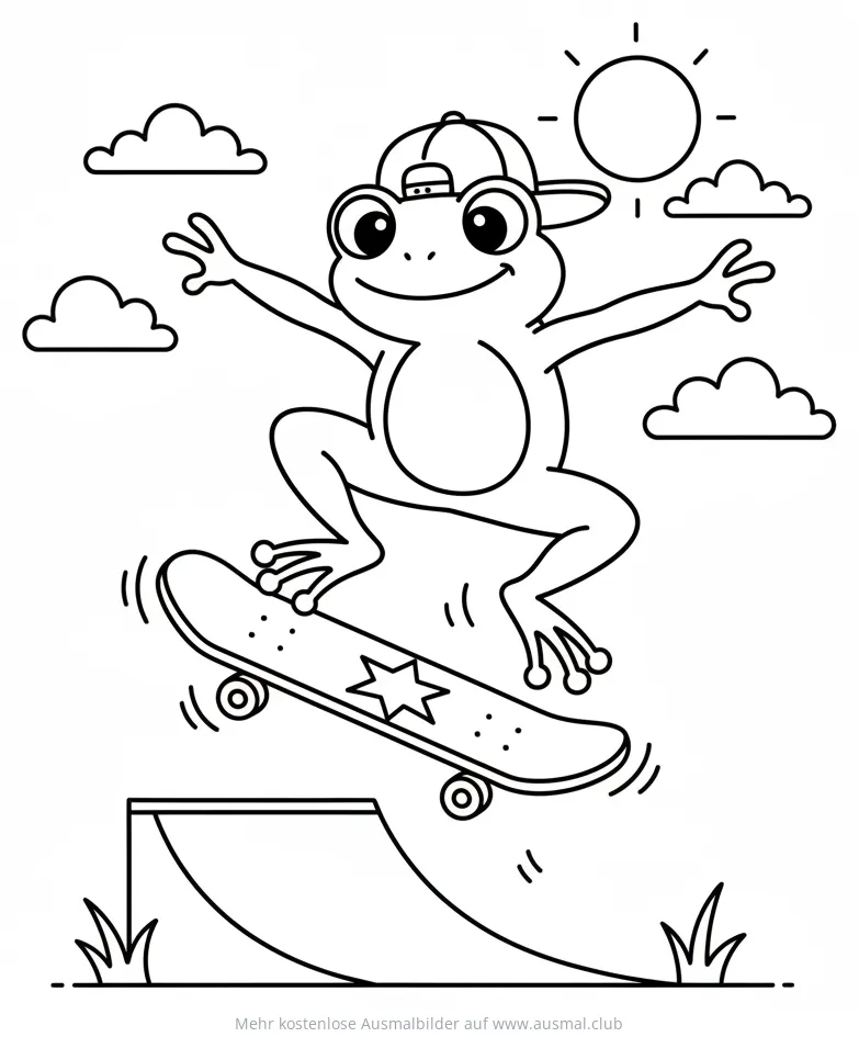 Frosch mit Basecap auf Skateboard springt über Rampe Ausmalbild