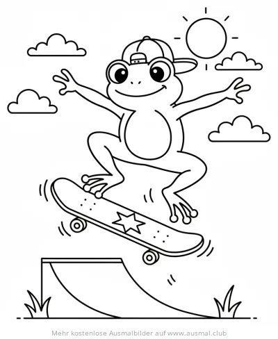 Frosch mit Basecap auf Skateboard springt über Rampe Ausmalbild