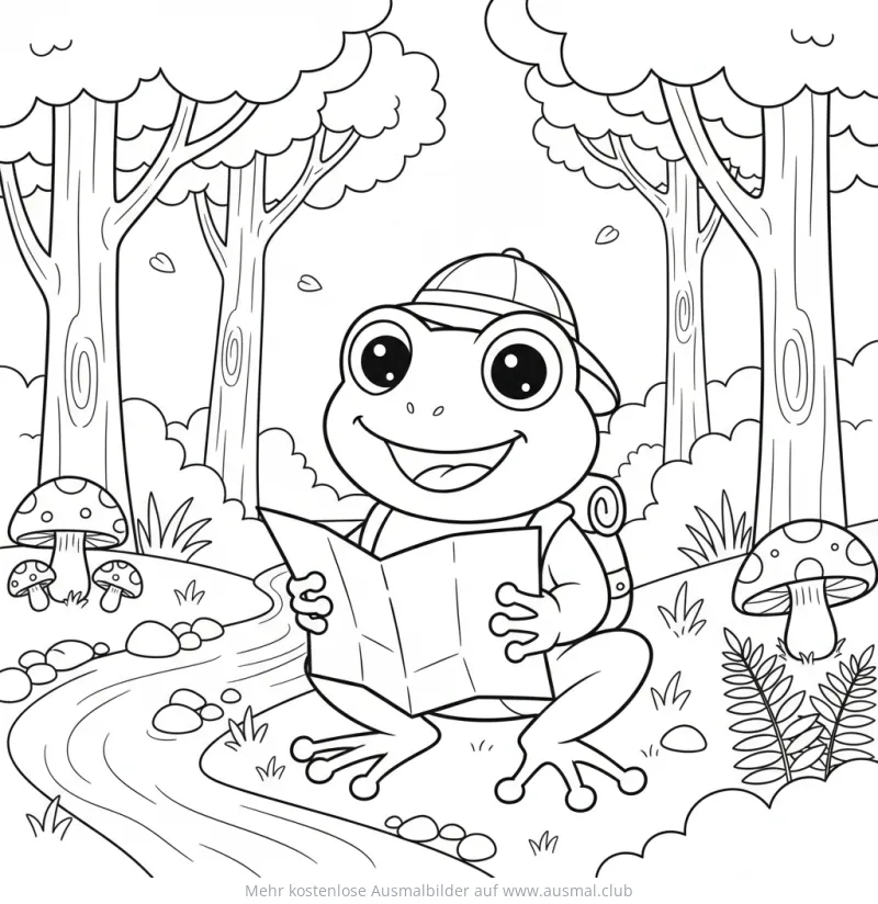 Frosch mit Kappe und Rucksack liest eine Karte im Wald Ausmalbild
