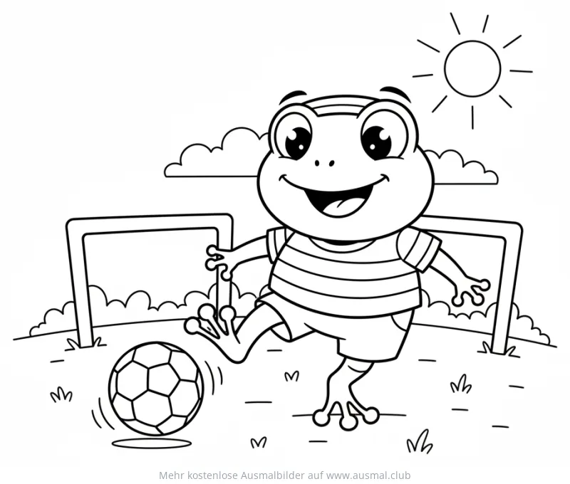 Fröhlicher Frosch spielt Fußball vor einem Tor Ausmalbild