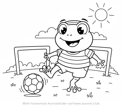 Fröhlicher Frosch spielt Fußball vor einem Tor Ausmalbild