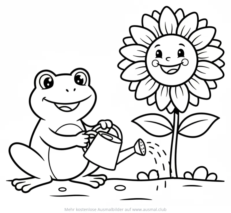 Frosch gießt Sonnenblume Ausmalbild