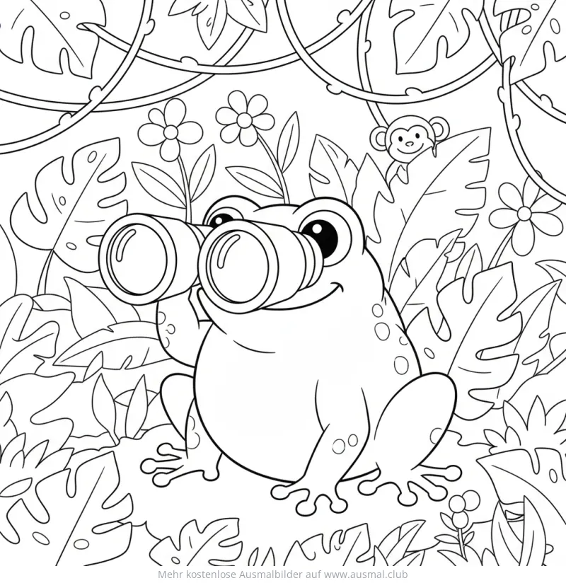 Frosch mit Fernglas im Dschungel Ausmalbild