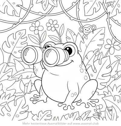 Frosch mit Fernglas im Dschungel Ausmalbild