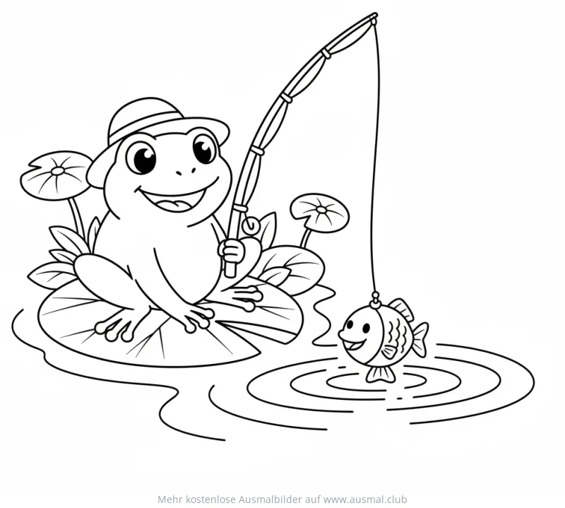Frosch mit Hut angelt Fisch Ausmalbild