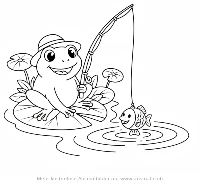 Frosch mit Hut angelt Fisch Ausmalbild