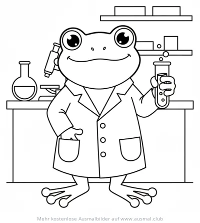 Frosch im Laborkittel mit Reagenzglas und Mikroskop Ausmalbild