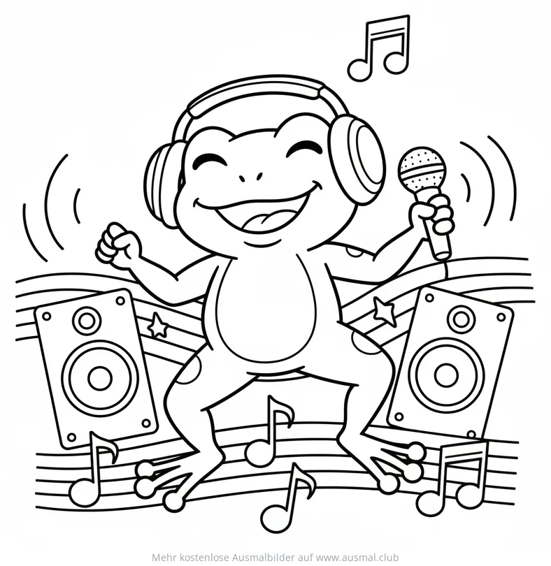 Tanzender Frosch mit Kopfhörern und Mikrofon Ausmalbild