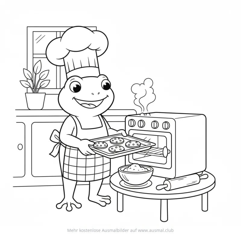 Frosch mit Kochmütze backt Kekse Ausmalbild