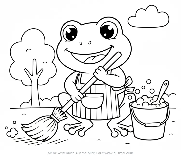 Frosch mit Besen und Schürze beim Putzen Ausmalbild