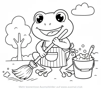 Frosch mit Besen und Schürze beim Putzen Ausmalbild
