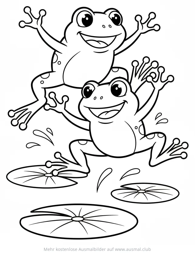 Zwei springende Frösche über Seerosenblätter Ausmalbild
