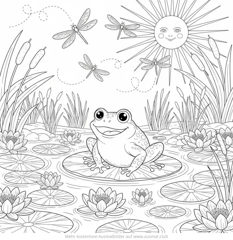 Frosch sitzt auf Seerose im Teich Ausmalbild