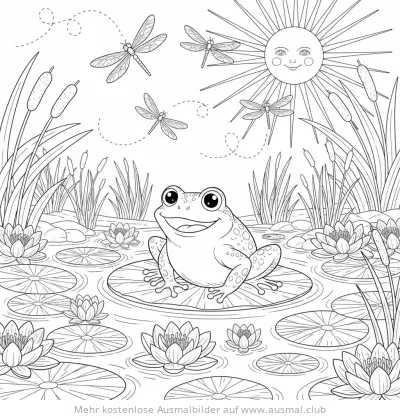 Frosch sitzt auf Seerose im Teich Ausmalbild