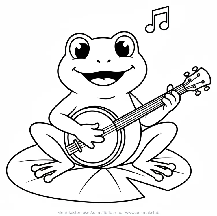 Frosch spielt Banjo auf Seerosenblatt Ausmalbild