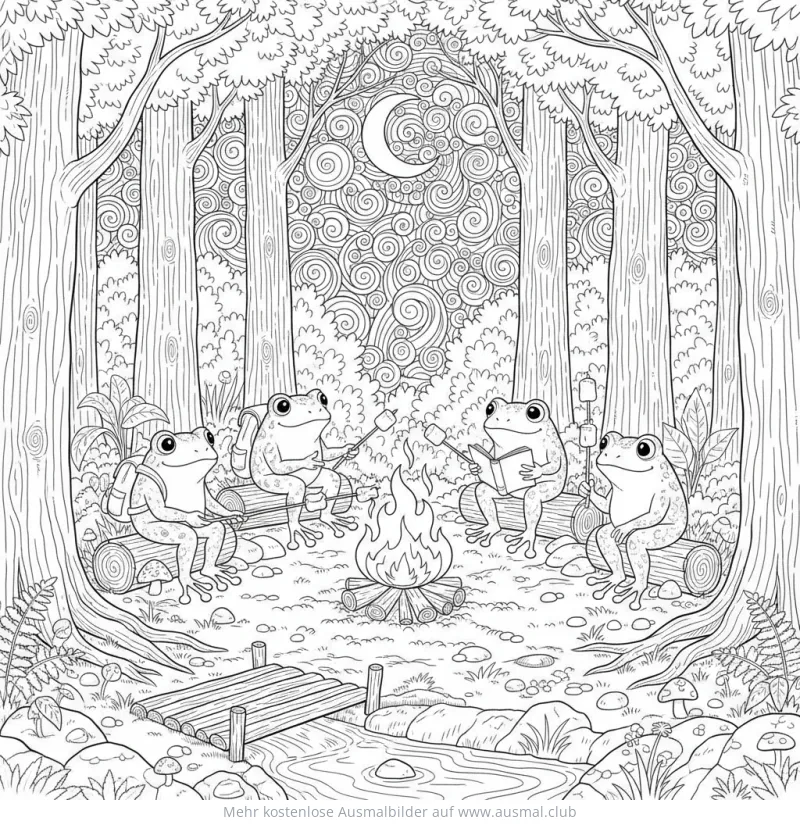 Frösche sitzen am Lagerfeuer im Wald Ausmalbild