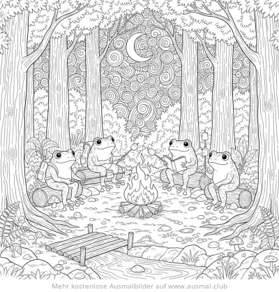 Frösche sitzen am Lagerfeuer im Wald Ausmalbild