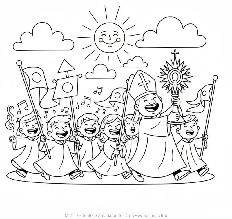 Fronleichnamsprozession Ausmalbild mit Kindern, Priester und Monstranz