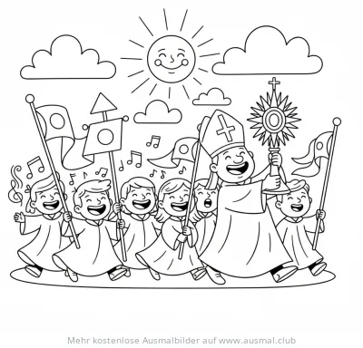 Fronleichnamsprozession Ausmalbild mit Kindern, Priester und Monstranz